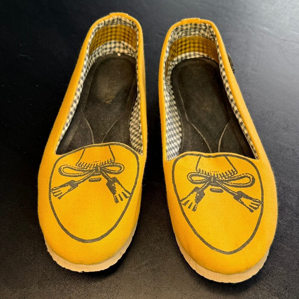 Loly in the Sky Sonia Hello Tassel Bow Canvas Yellow Gold Flats Loafers Size 8